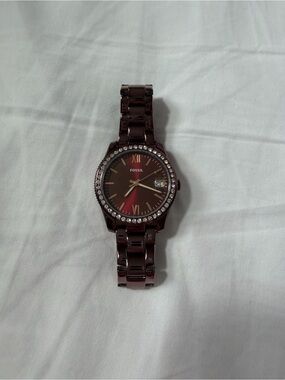 Fossil Purple Crystal Bezel Watch | Plum Metallic Stainless Steel | Date Display
